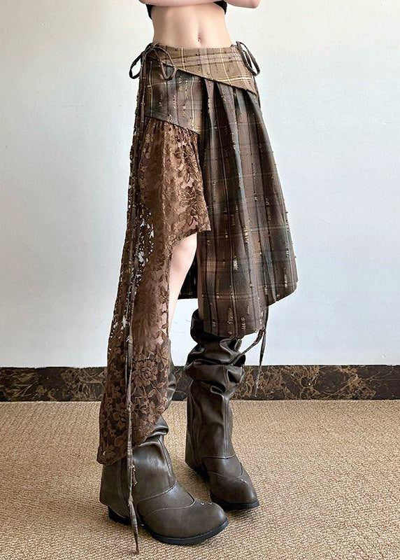 Plaid Lace Summer Patchwork Chic Skirt Asymmetrical Cotton