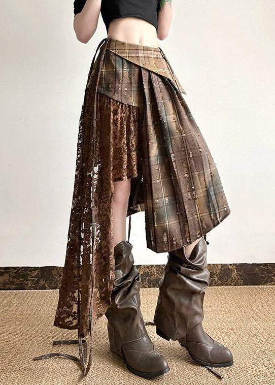 Plaid Lace Summer Patchwork Chic Skirt Asymmetrical Cotton