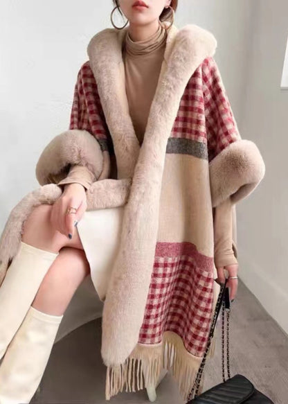Chic Plaid Hooded Tasseled Patchwork Warm Fleece Cape Coat Half Sleeve YW017