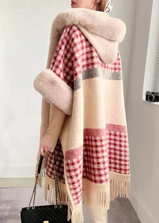 Chic Plaid Hooded Tasseled Patchwork Warm Fleece Cape Coat Half Sleeve YW017