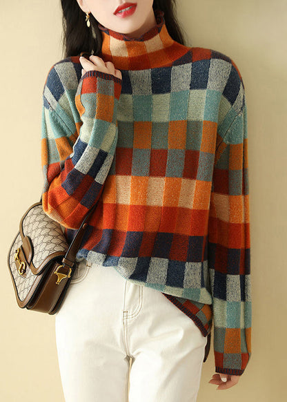 Chic Sweaters Cozy Spring Turtleneck Plaid Knit