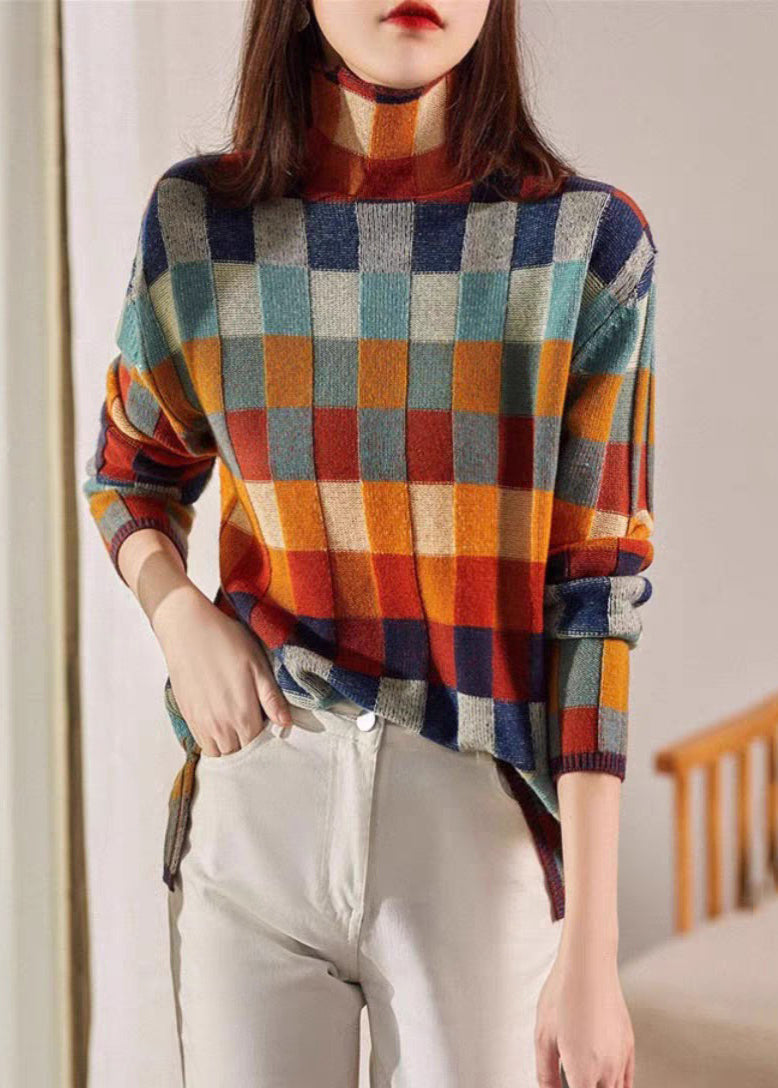 Chic Sweaters Cozy Spring Turtleneck Plaid Knit