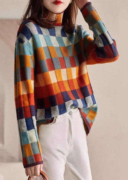 Chic Sweaters Cozy Spring Turtleneck Plaid Knit