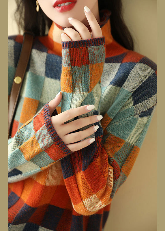 Chic Sweaters Cozy Spring Turtleneck Plaid Knit