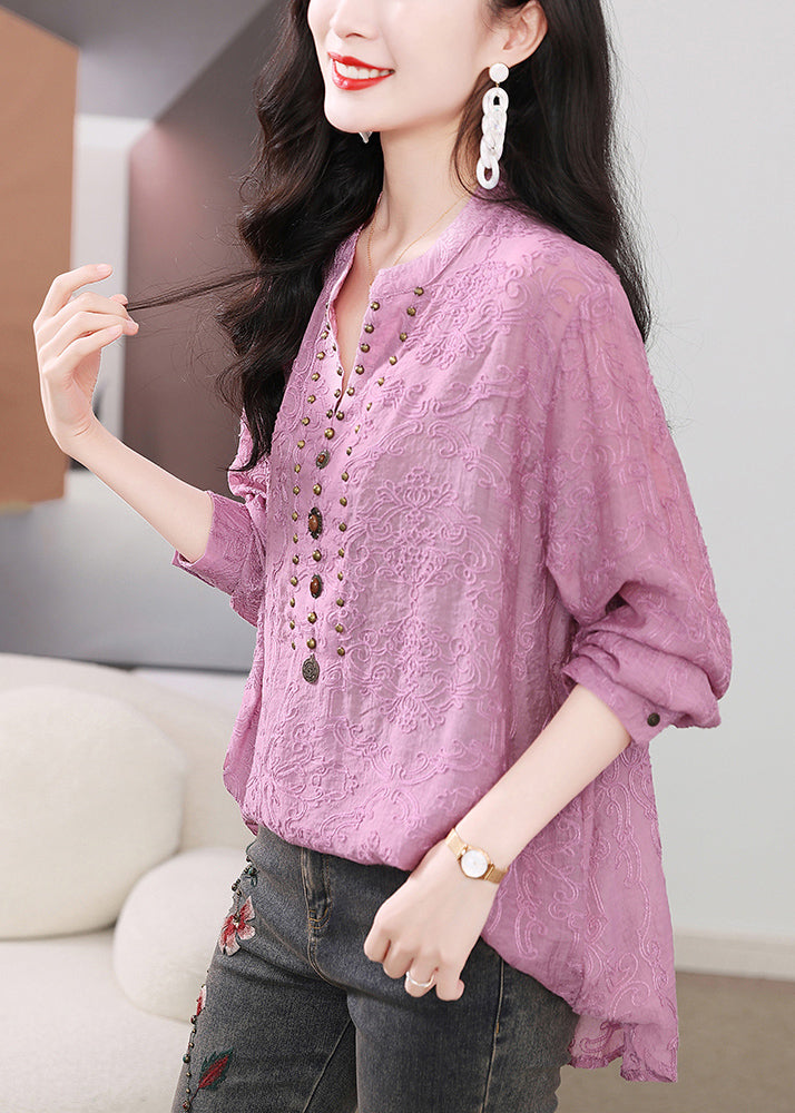 Shirts Sleeve Nail Bead Purple Embroidered Cotton Long Chic
