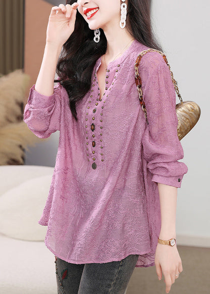 Shirts Sleeve Nail Bead Purple Embroidered Cotton Long Chic
