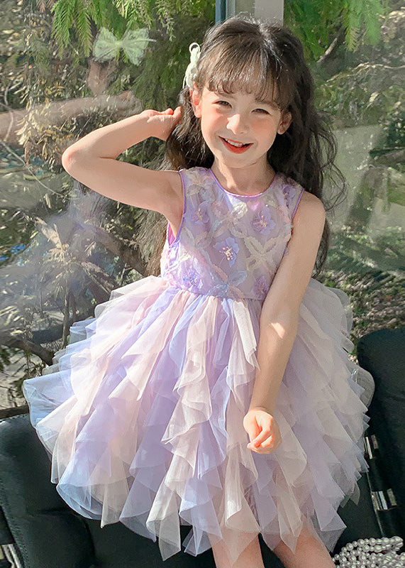 Chic Purple O-Neck Butterfly Tulle Girls Dress Sleeveless TT039