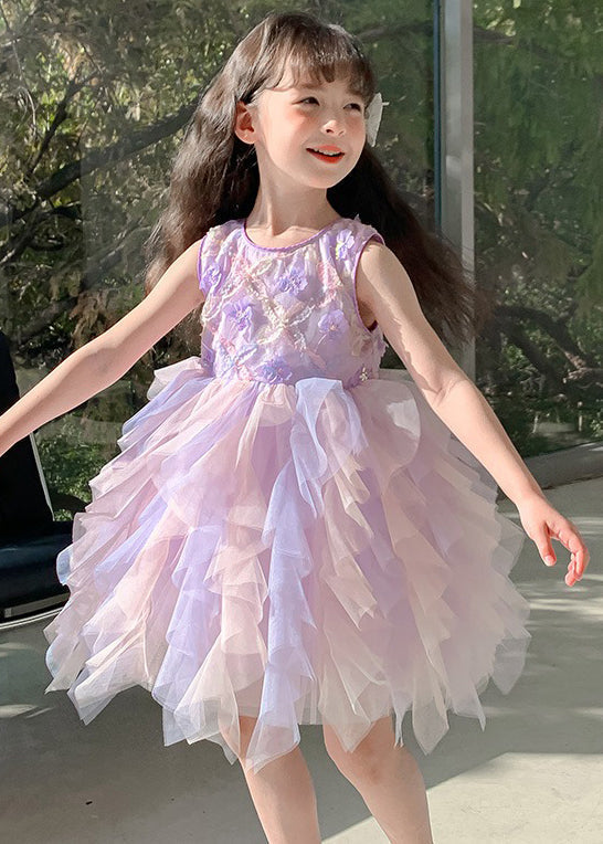 Chic Purple O-Neck Butterfly Tulle Girls Dress Sleeveless TT039
