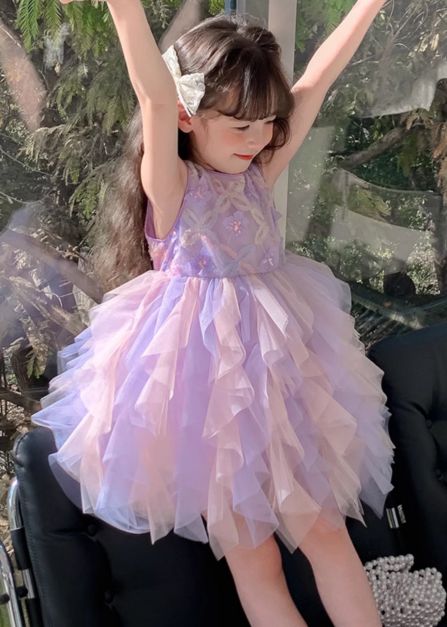 Chic Purple O-Neck Butterfly Tulle Girls Dress Sleeveless TT039