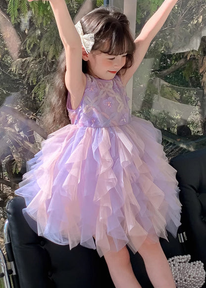 Chic Purple O-Neck Butterfly Tulle Girls Dress Sleeveless TT039