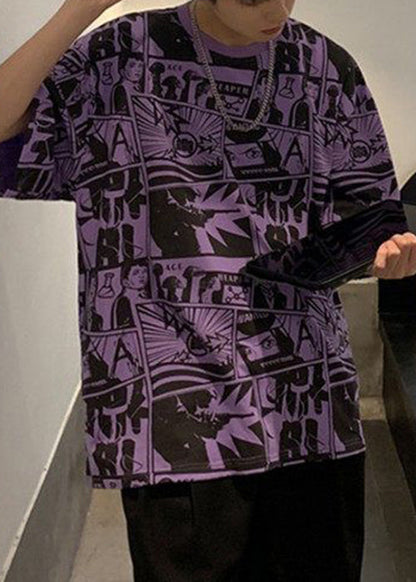 Print Chic Men Shirts Cotton Neck T Purple Summer O
