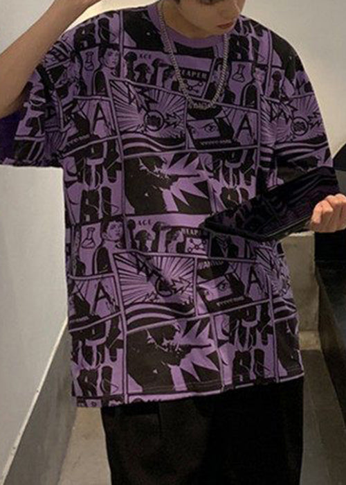 Print Chic Men Shirts Cotton Neck T Purple Summer O