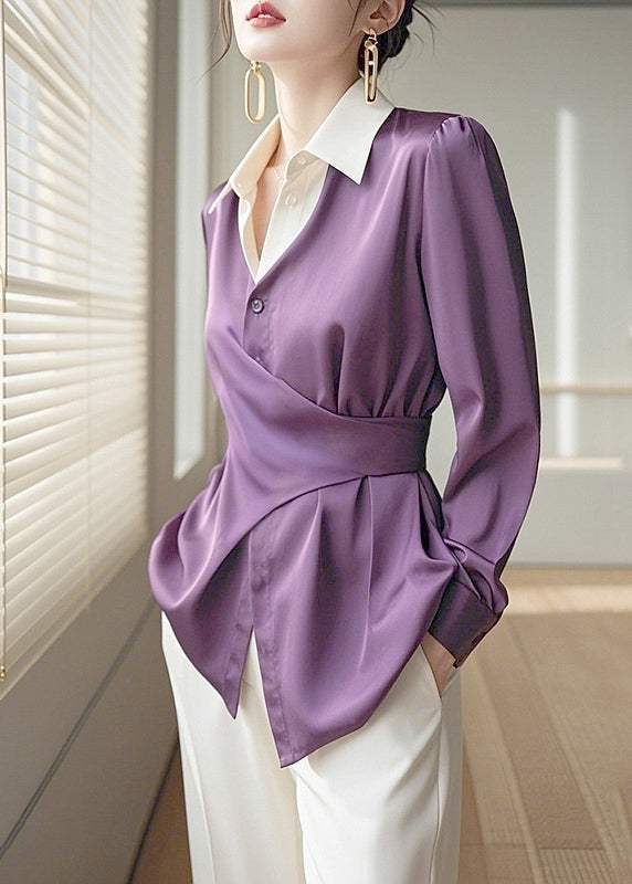 Asymmetrical Collar Chic Design Silk Pan Purple Peter Shirts