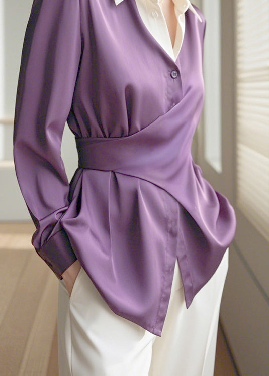 Asymmetrical Collar Chic Design Silk Pan Purple Peter Shirts