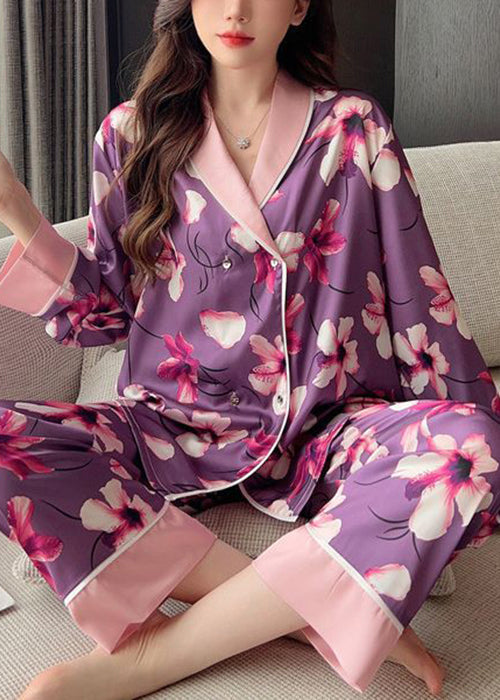 Chic Purple Print Patchwork Ice Silk Pajamas Two Piece Set Spring YK005
