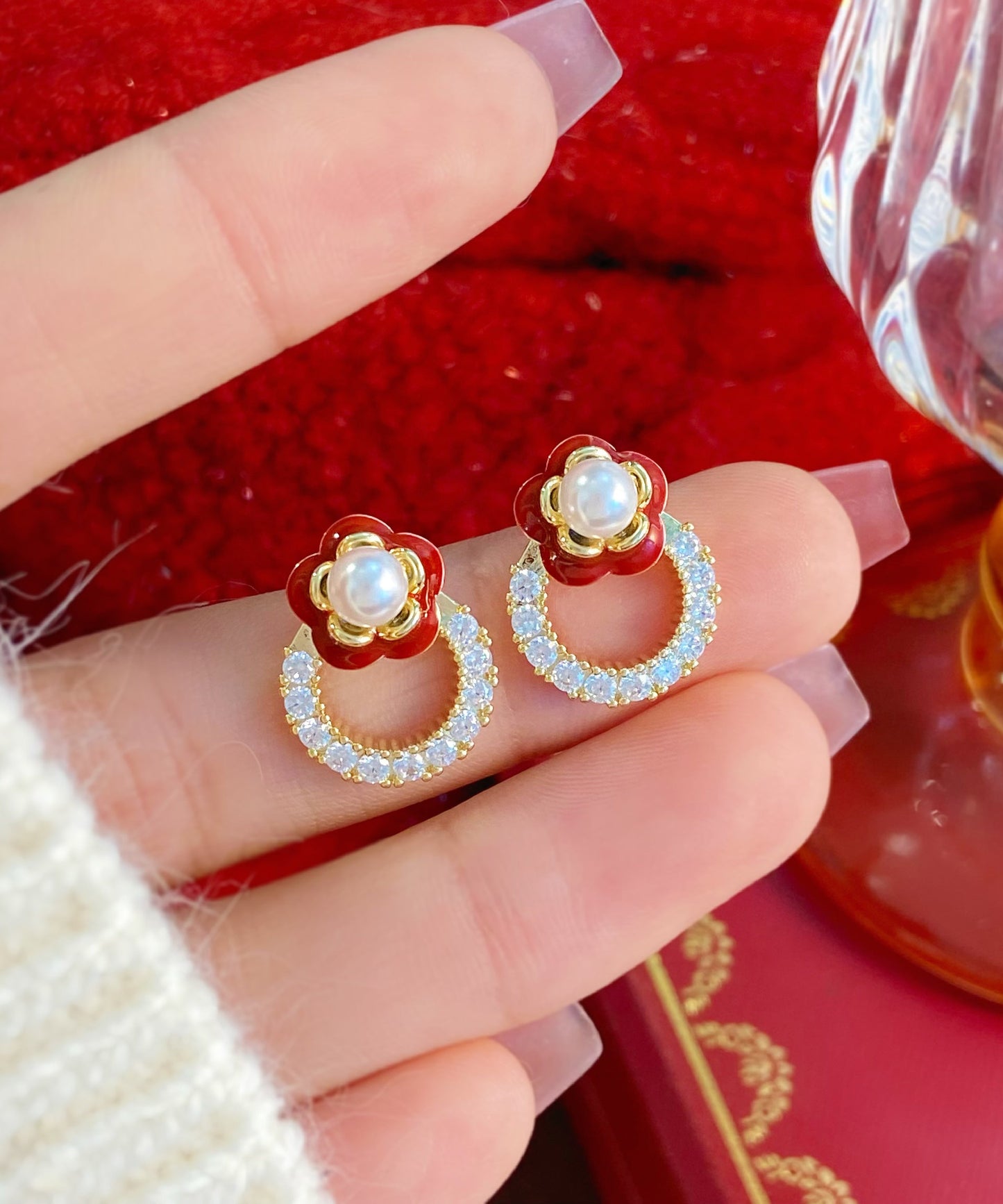 Stud Alloy Flower Zircon Copper Red Chic Camellia Earrings