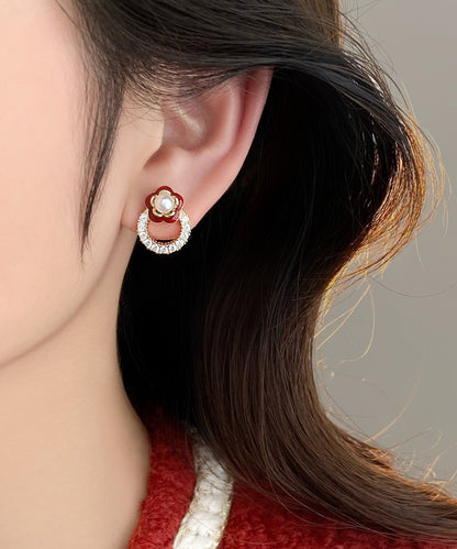 Stud Alloy Flower Zircon Copper Red Chic Camellia Earrings