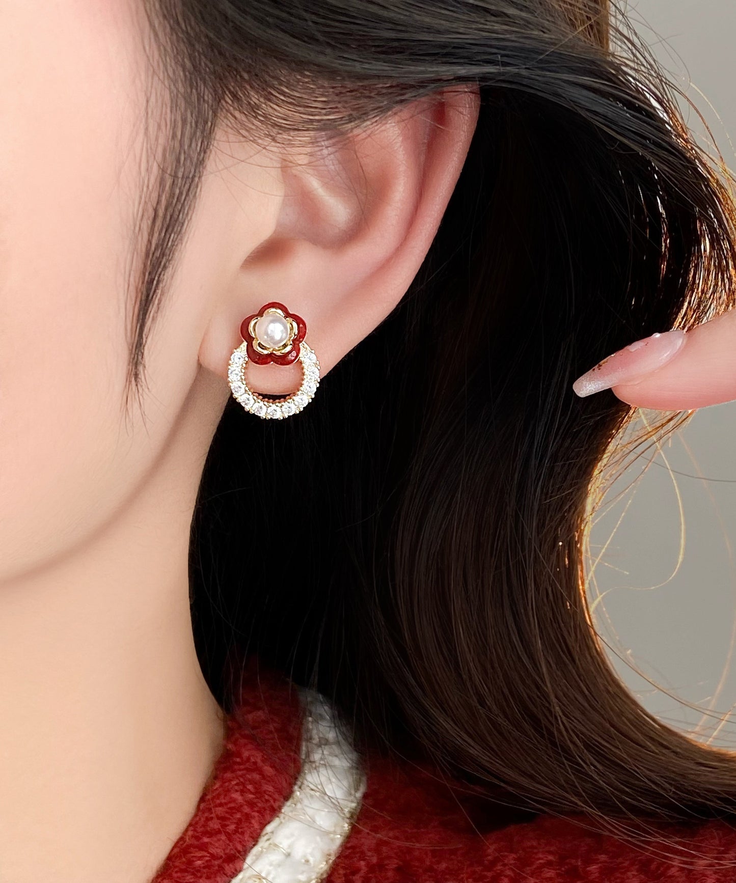 Stud Alloy Flower Zircon Copper Red Chic Camellia Earrings
