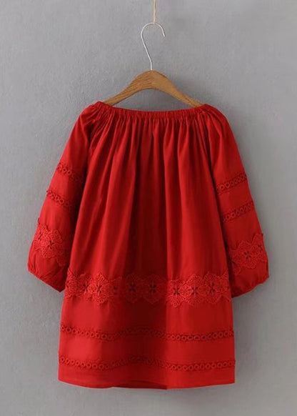 Chic Red Lace Patchwork Hollow Out Shirt Long Sleeve VV025