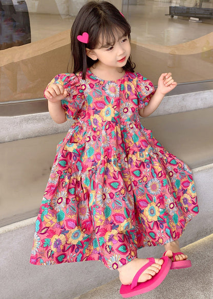 Chic Red O Neck Print Cotton Girls Long Dress Short Sleeve EW054