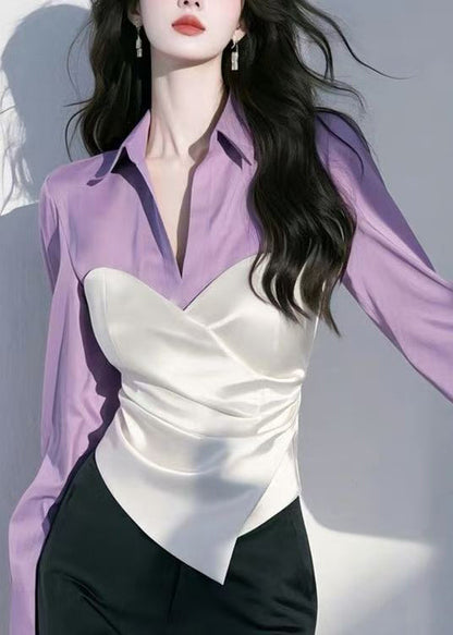 Pan Peter Shirt Collar Chic Spring Patchwork Silk Red