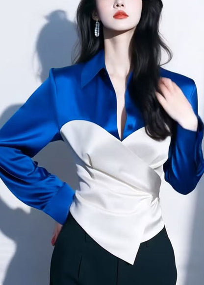 Pan Peter Shirt Collar Chic Spring Patchwork Silk Red