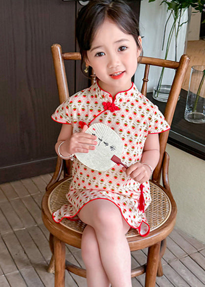 Chic Red Print Side Open Kids Holiday Long Dress Short Sleeve MN020