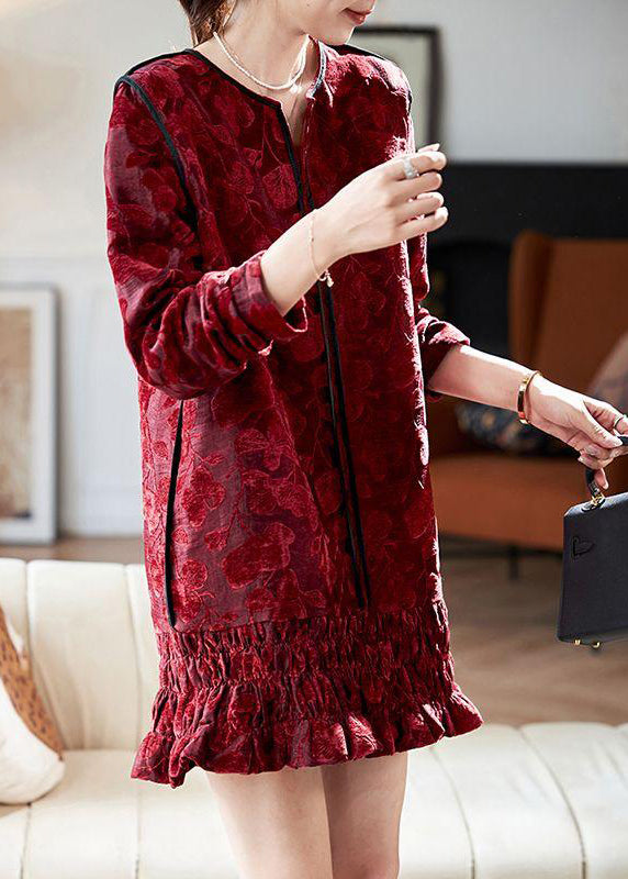 Dresses Chic Vacation Silk Long Neck Ruffled Red V Mid Velvet