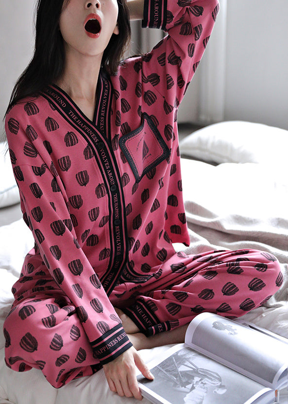 Set Rose Print Pieces Cotton Two Pajamas V Neck Chic Fall