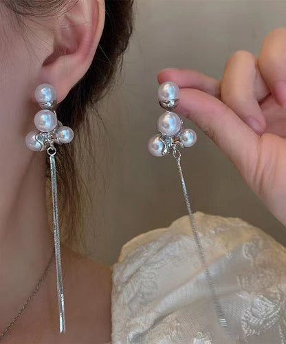 Chic Silk Sterling Silver Alloy Pearl Tassel Drop Earrings ZZ089