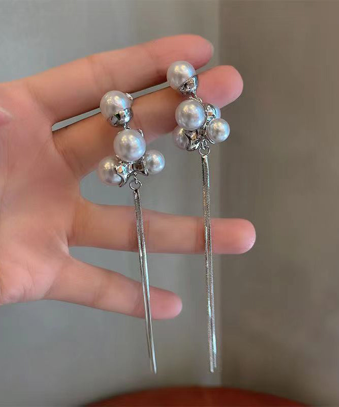 Chic Silk Sterling Silver Alloy Pearl Tassel Drop Earrings ZZ089