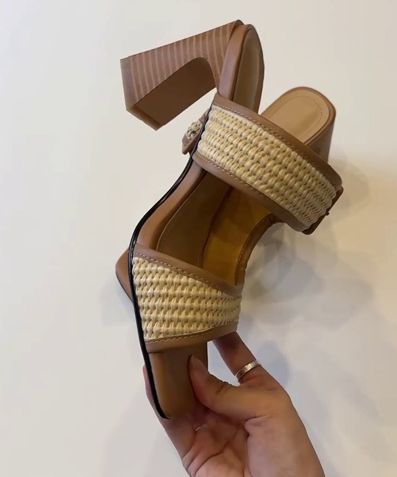 Faux Heel Chic Splicing Sandals Leather Chunky Slide Brown