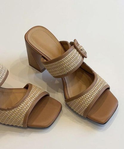 Faux Heel Chic Splicing Sandals Leather Chunky Slide Brown