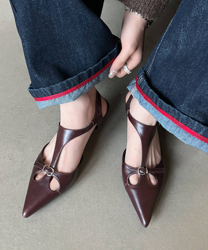 Hollow Chunky Splicing Out Brown Cowhide Sandals Leather Chic