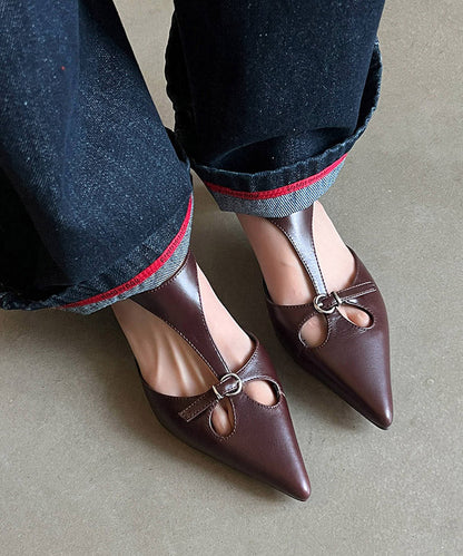 Hollow Chunky Splicing Out Brown Cowhide Sandals Leather Chic