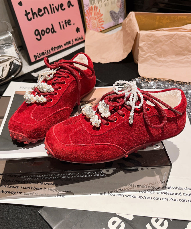 Flats Suede Purple Zircon Chic Lace Up Pearl Splicing