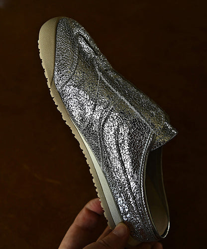 Splicing Cowhide Chic Slide Leather Sandals Silver Wedge