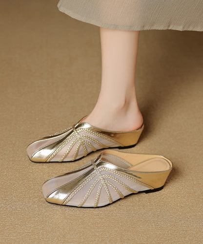 Gold Tulle Wedge Splicing Slide Cowhide Chic Sandals Leather