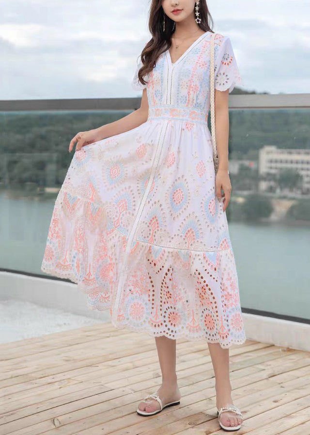 Hollow Out V Dress Linen Long Neck Chic Summer