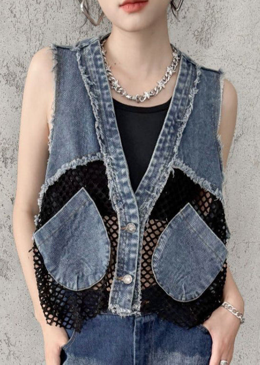 V Denim Vest Neck Pockets Patchwork Chic Mesh Breathable
