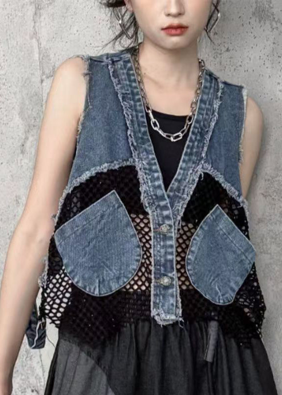 V Denim Vest Neck Pockets Patchwork Chic Mesh Breathable