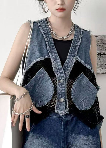 V Denim Vest Neck Pockets Patchwork Chic Mesh Breathable