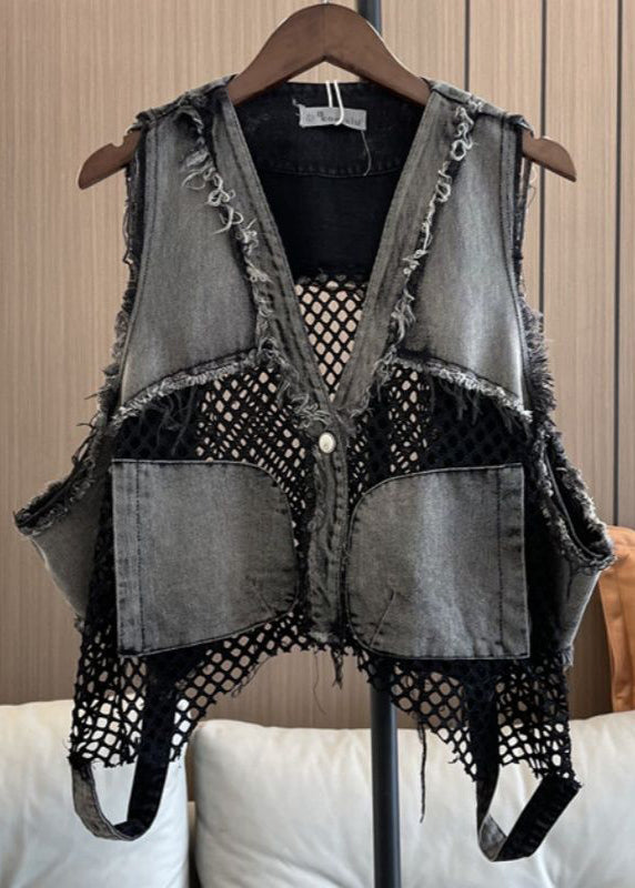 V Denim Vest Neck Pockets Patchwork Chic Mesh Breathable