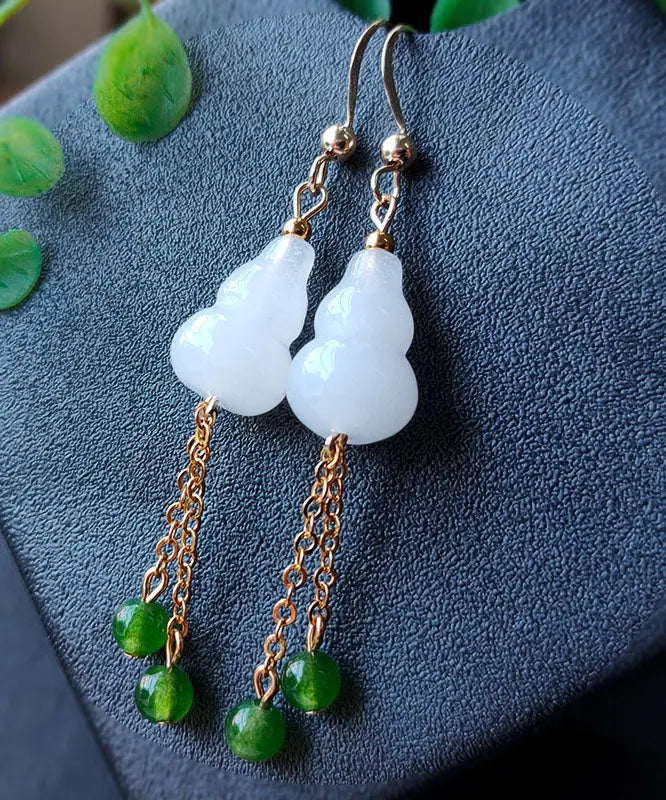 Chic White 14K Gold Jade Gourd Gem Stone Tassel Drop Earrings Ada Fashion