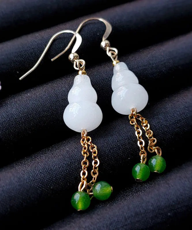 Chic White 14K Gold Jade Gourd Gem Stone Tassel Drop Earrings Ada Fashion