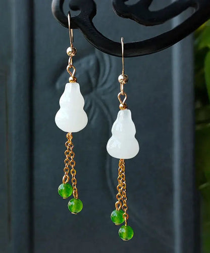 Chic White 14K Gold Jade Gourd Gem Stone Tassel Drop Earrings Ada Fashion