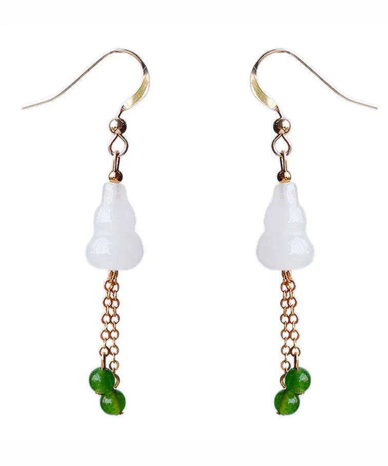 Chic White 14K Gold Jade Gourd Gem Stone Tassel Drop Earrings Ada Fashion