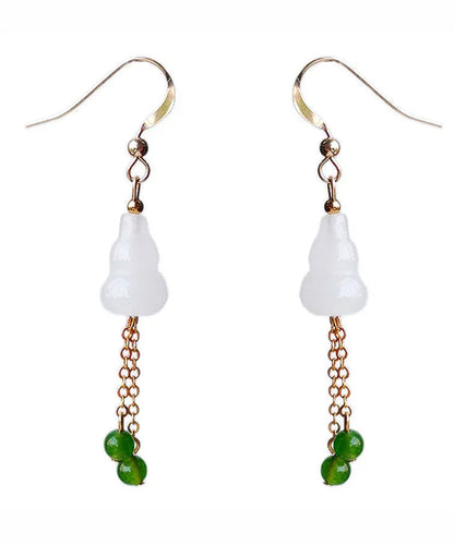 Chic White 14K Gold Jade Gourd Gem Stone Tassel Drop Earrings Ada Fashion