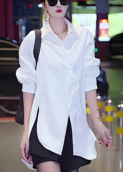 Button Cotton Fall White Chic Asymmetrical Blouses