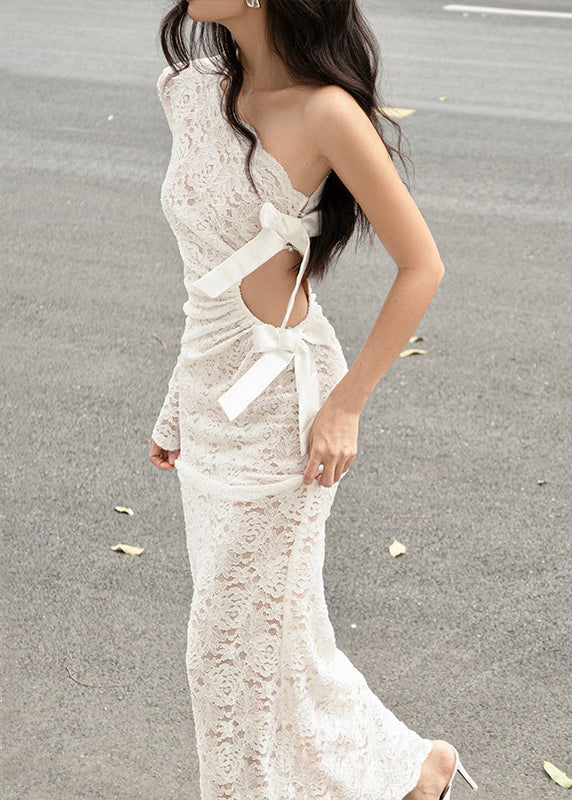 Chic White Asymmetrical Hollow Out Lace Maxi Dress Spring YT018